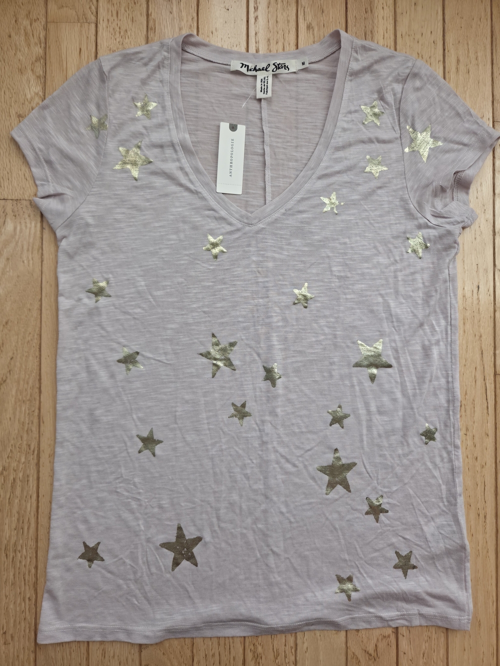Michael Stars Neutral V-Neck Tee with Gold Star Accents